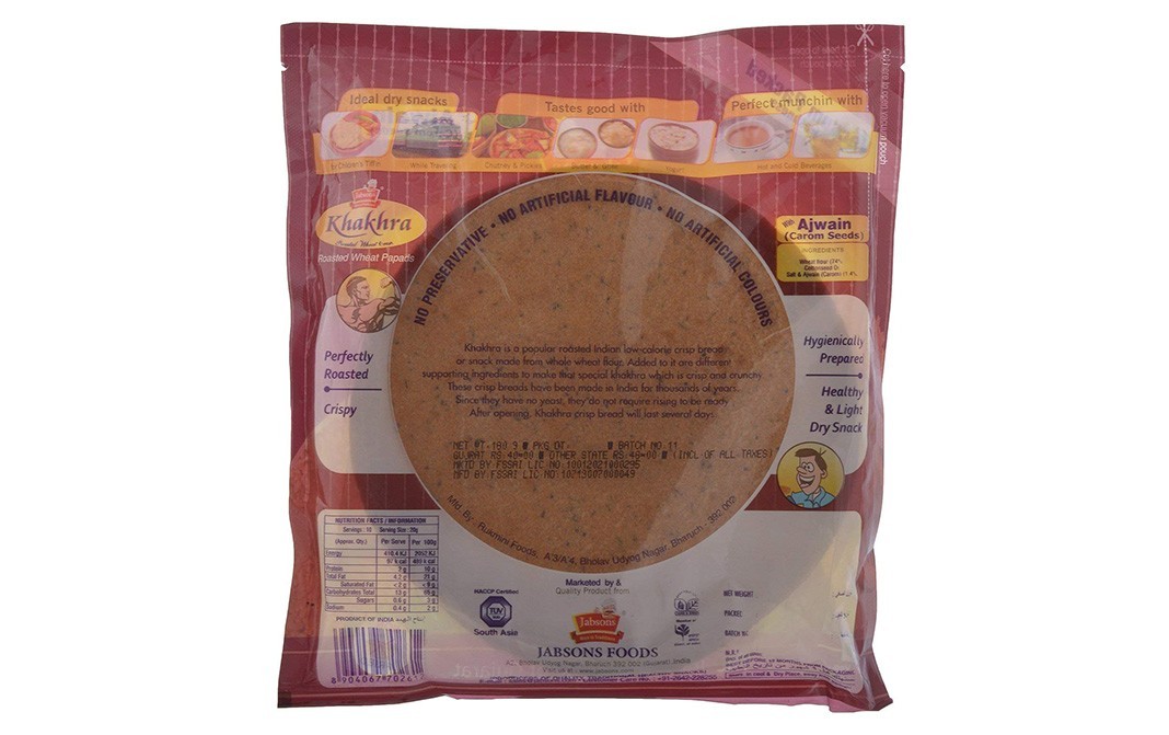 Jabsons Khakhra Roasted Wheat Crisps Ajwain Pack 180 grams - Reviews | Nutrition | Ingredients 